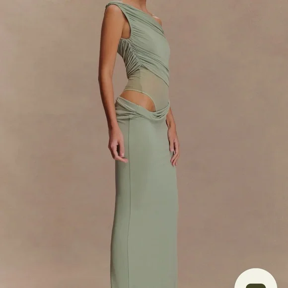 MESHKI Callen One Shoulder Slinky Maxi Dress in Sage - Picture 4 of 4